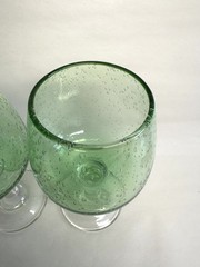 2 Hand Blown Green Wine Goblets Art Glass Controlled Bubbles Clear Stems 14oz