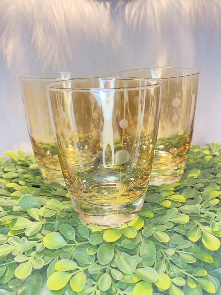 Set of 3 Vintage Amber Gold Lusterware Etched Circles Lowball Glass Tumblers 4″