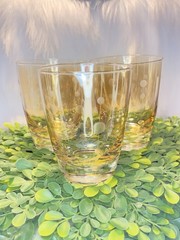Set of 3 Vintage Amber Gold Lusterware Etched Circles Lowball Glass Tumblers 4″