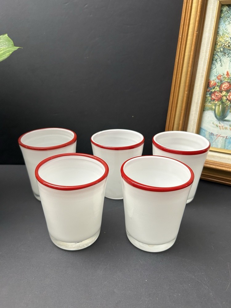 Villeroy & Boch White Glass Tumbler With Applied Red Rim Hand Blown 4” Set of 5