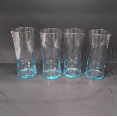Wheaton Blue Tint Highball Glasses, Set of 4, Vintage Optic Swirl Pressed Glass