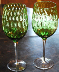 Vtg 9.5″ Set 2 EMPOLI ITALY Hand Blown GREEN TEARDROP OPTIC Water Goblets 1960s