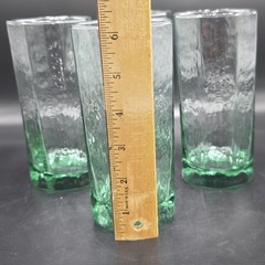 Vintage MCM Textured Green Tint Highball Glasses Set of 4 Hexagon Tumblers 6″
