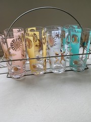 Vtg MCM Fred Press Set Of 8 And Carrier Glasses Pink Yellow White Aqua