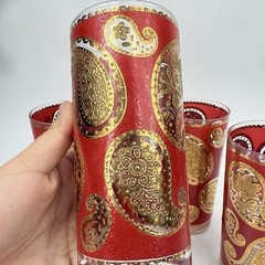 4x Culver Paisley 22K Gold & Red Highball Drinking Glasses Vintage MCM 5.5″ Set
