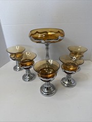 Farber Bros Krome Kraft Art Deco Amber Cambridge Glass Liquor Fruit Dessert 6pcs