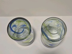 Set of 2 Pier 1 Imports Mexican Hand-Blown Glass Tumbler Blue Green Swirl 5 Inch