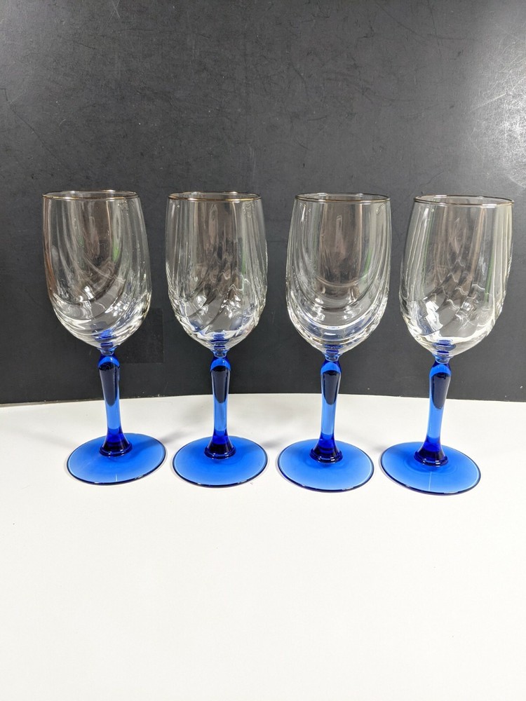 Crystal Wine Goblets Blue Stem Clear Bowl Gold Tone Rim Ribbed Glasses Set of 4