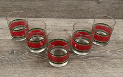 Old Fashion Christmas Glasses Red, Green, & Gold Striped Glasses 14 oz ~Set of 5