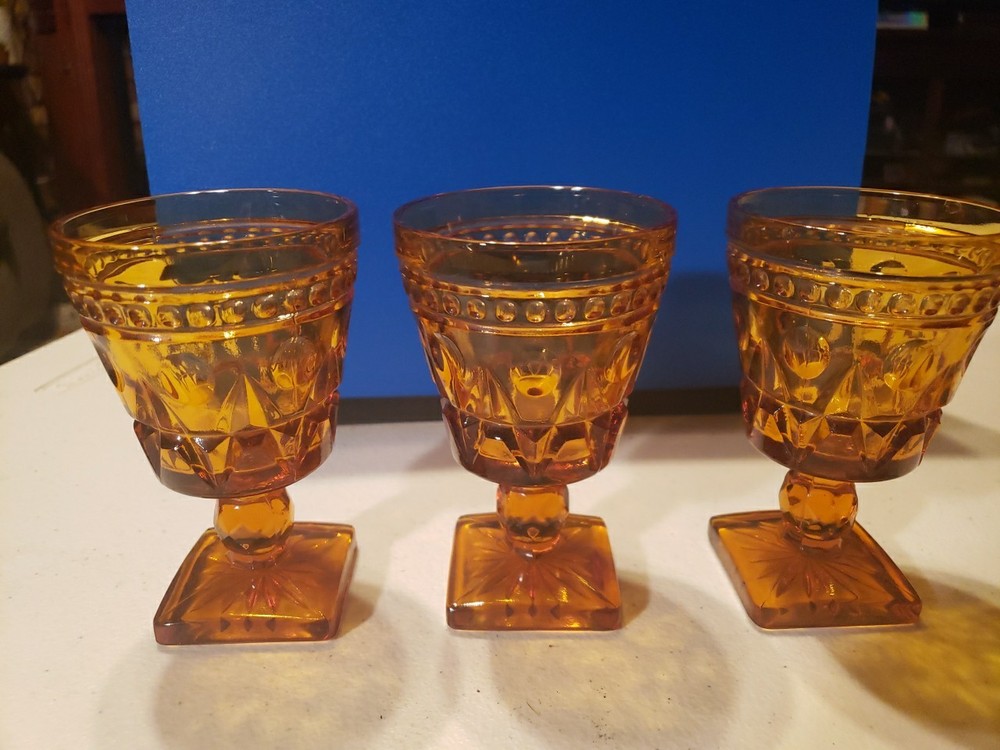 3 VINTAGE INDIANA GLASS COLONY PARK LANE SQUARE FOOT WINE AMBER GOBLETS