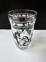 Vtg Kraft Foods “Swanky Swigs” Juice Glass Black Animal Toys Graphics 3.75” MCM