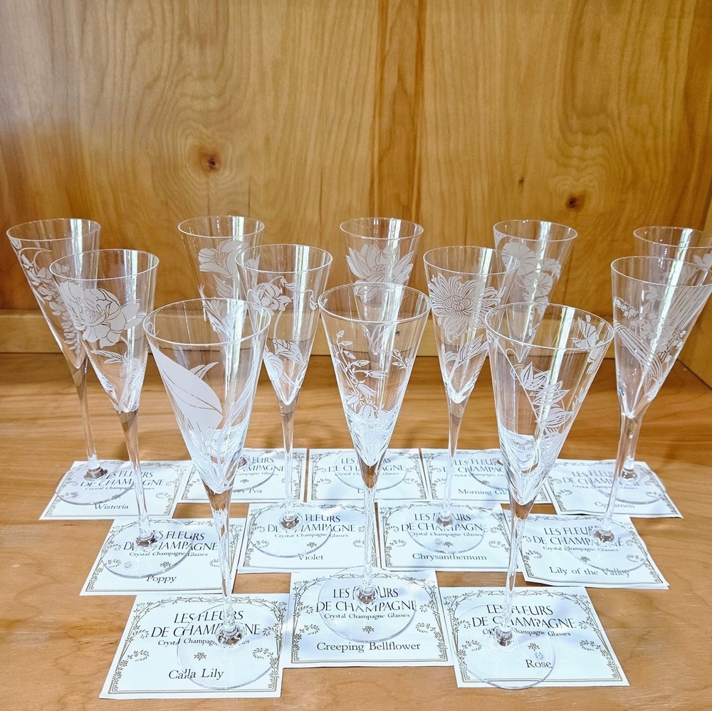 Franklin Mint Les Fleurs de Champagne Crystal Glass Set 12 w/ Cards COA Complete