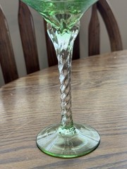 Vintage Green Glass Coupe Glass with A Twisted Stem 7 Inches Tall