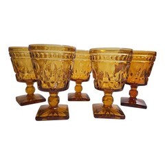 Set of 5 Indiana Colony Glass PARK LANE Amber Square Foot 5.5″ Water Goblets