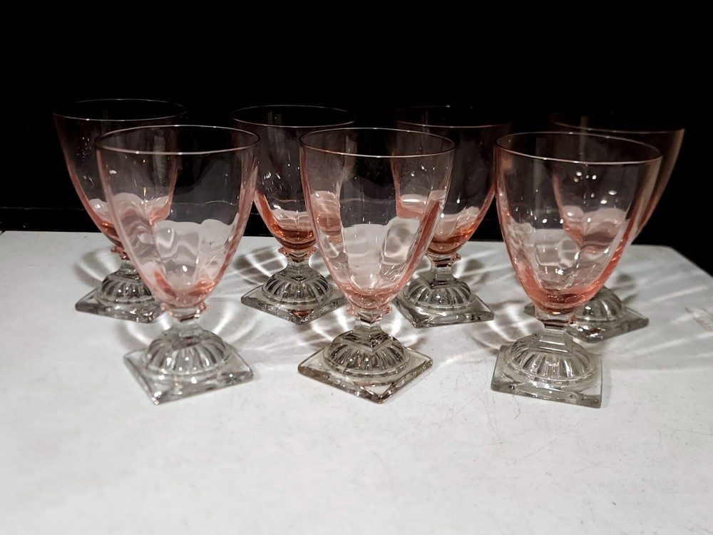 SET OF 7 – Central Glass Works 1451 Pink Glass Panel Optic 5.5″ Footed Tumblers