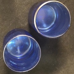 Set Of 2 Hand Blown Optic Swirl Cobalt Blue Glass Tumblers With Pontil Mark 5″