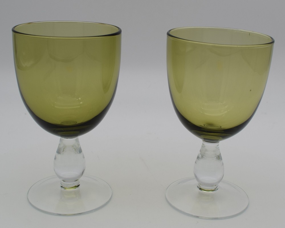 MCM Olive Green Bowl Clear Foot Goblets 5.75 in tall 3.25 in dia Set of 2 #G16