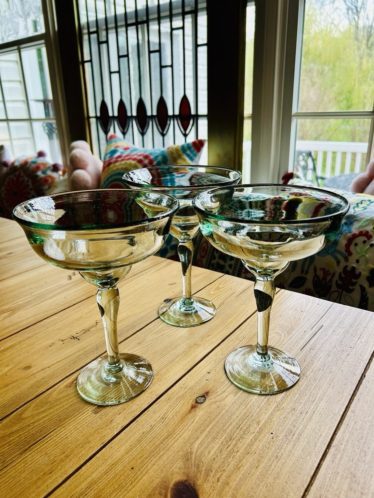 Pottery Barn – Recycled Large Green Glass Margarita Glasses – HTF (Set Of 3)