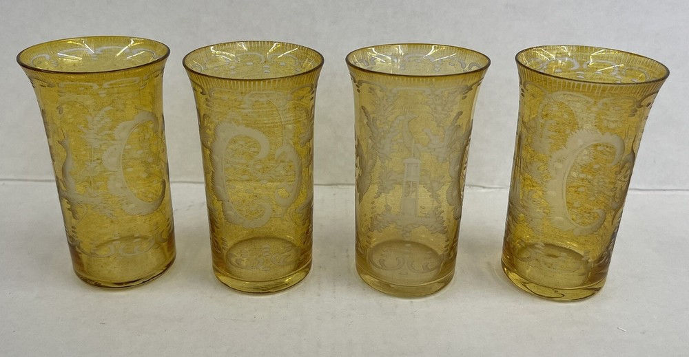 Antique 1920’s Bohemian Etched Fox &Castle Cut Amber Yellow SET OF 4 Sm Glasses