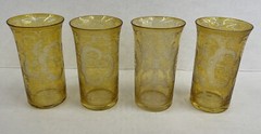 Antique 1920’s Bohemian Etched Fox &Castle Cut Amber Yellow SET OF 4 Sm Glasses