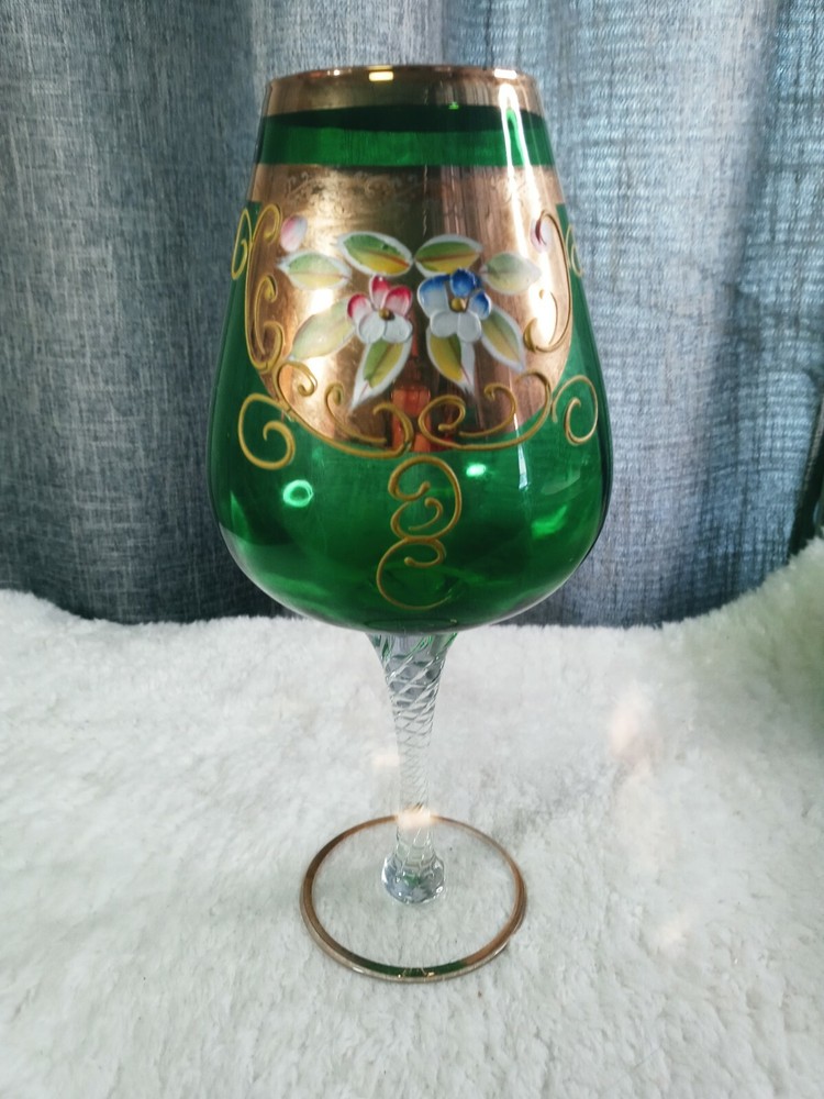 Vintage Large Emerald Green Hand Painted Czech Bohemian Goblet Gold Rim Ornate