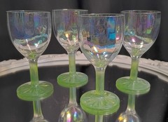 4 Vintage Iridescent Optic Rib Green Stem Sherry Aperitif Cordial Glasses Set