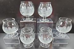 6 Toscany Clipper Small Brandy Glasses Set Clear Etch Nautical Sail Snifters Lot
