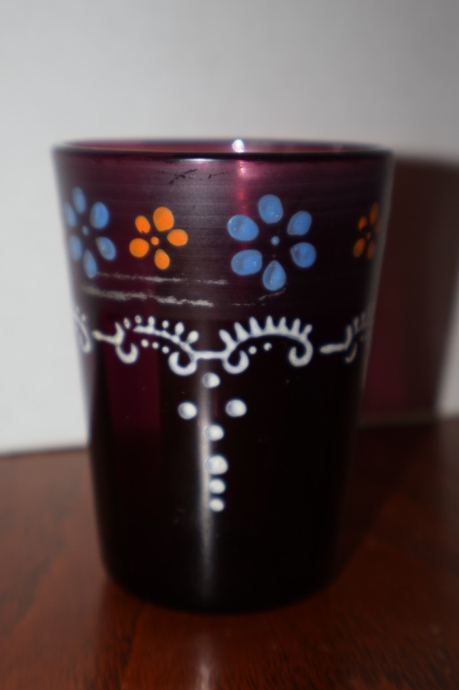 VINTAGE VICTORIAN AMETHYST HAND PAINTED ENAMEL PANELED JUICE TUMBLER GLASS