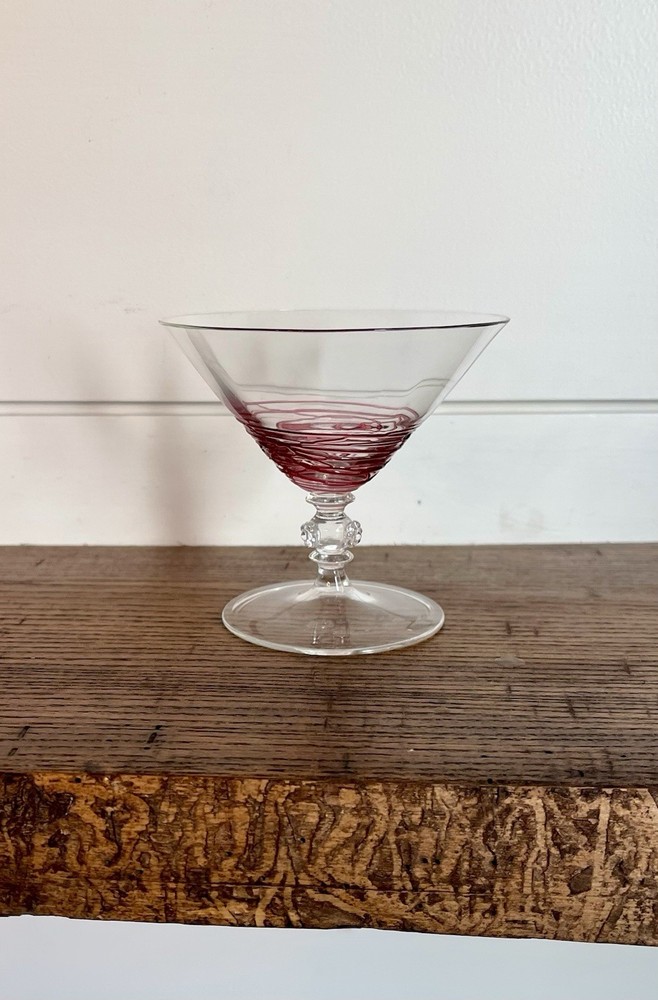 H.C. Fry Art Deco Cranberry Threaded Champagne or Martini Glass-C. 1925