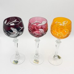 Vintage Lausitzer Cut To Clear Cased Glass Crystal Wine Hock Glasses Grapes x6
