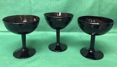 Vintage Set of 3 Black Amethyst Hand Blown Art Glass Goblets Rough Pontil