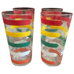 4 Mid Century Striped Tumblers Glasses Arrows Red Yellow Green Orange W/ Carafe