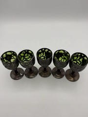 5 Antique Alvin .999 Pure Silver Overlay Green Glass Cordial Goblets 3 damaged