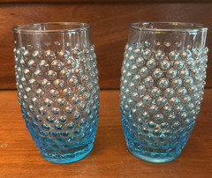 Set of 2-Vintage MCM Hobnail Clear Aqua Blue 5” Tumbler Drinkware Glasses