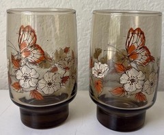 (2) Vintage Libbey Butterflies Floral Smokey Tawny Brown Glass 4-3/ 4” Tumblers