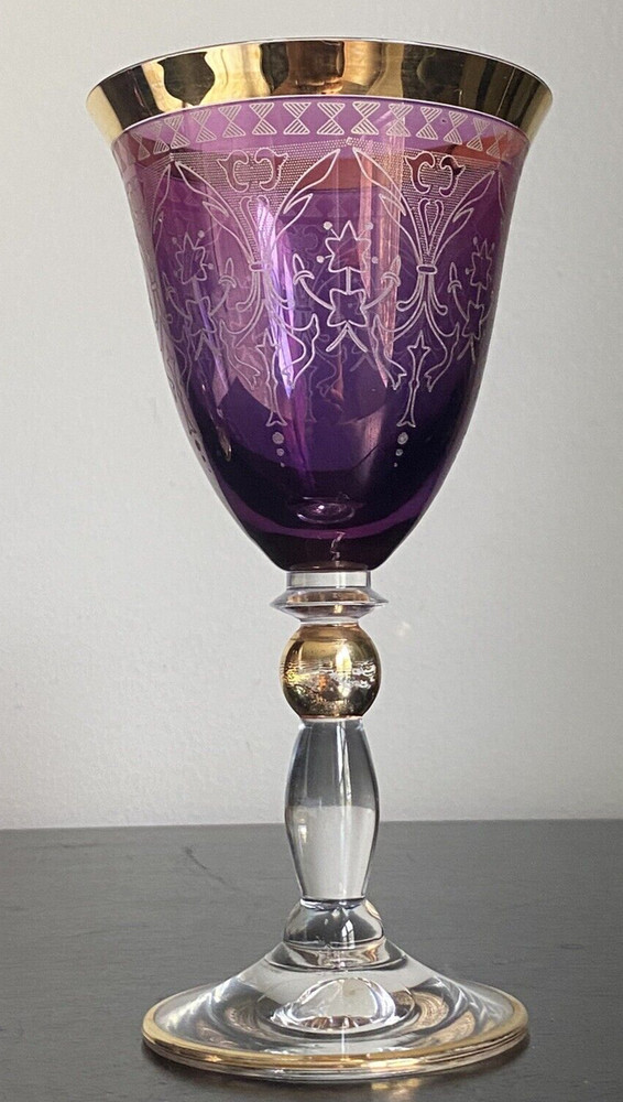 Interglass Italy Purple and Gold Goblet 6.75″ Tall