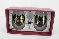 EAI King Queen Stemless Wine Glasses Set Clear With Stopper Gift Boxed