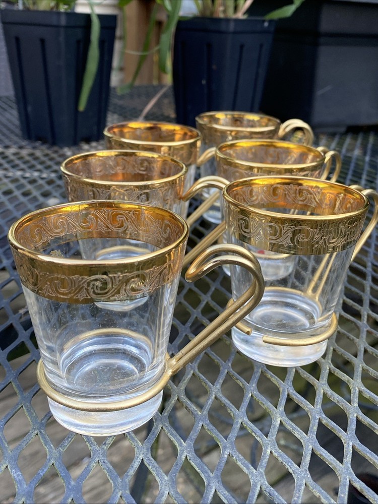 VTG Russian Hollywood Regency Gold MCM 6 Demitasse Glasses Cups Metal Handles