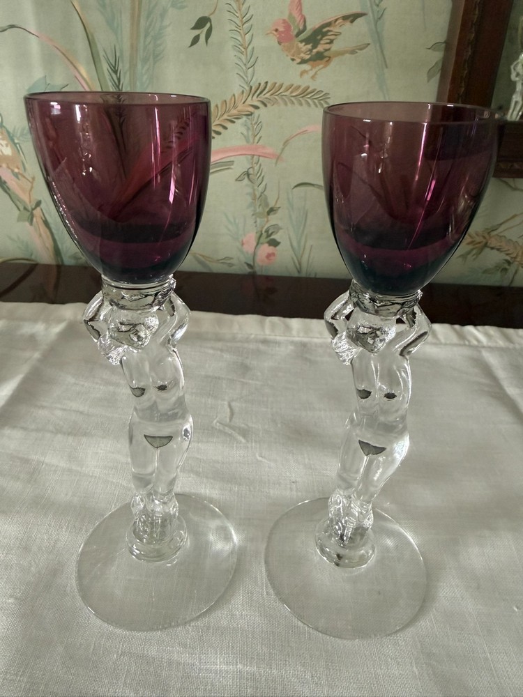 Cambridge Glass 3011 Statuesque Nude Stem Brandy Cordial PAIR Amethyst Vintage