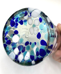2 Handblown Glass Confetti Tumblers, Blue/Aqua/White/Brass Frit, Heavy, Mexico