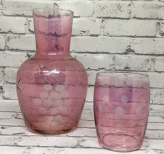 Cranberry Flash Etched Glass Water Carafe and Cup Bedside Water SET VTG