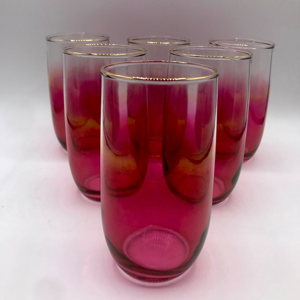 Vintage Ombre 6 Tumblers Ruby Red and Clear Glass Gold Trim Rounded Bottom 5.25″
