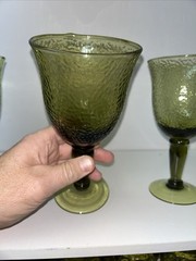 Set Of 3 Pebbled Green Glass Goblet Pedestal Glass MCM Avocado Green Glass EUC