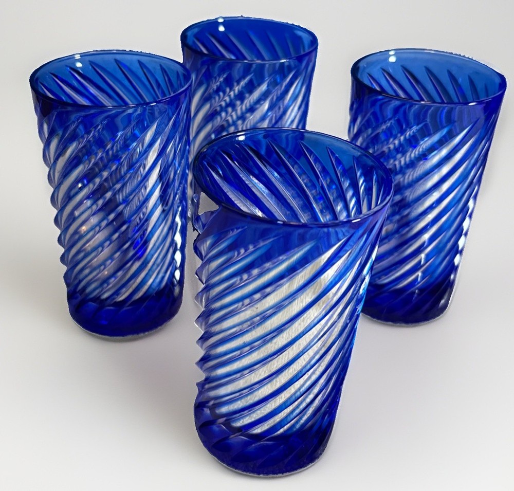 Set (4) Cristal D’Arques Valse Cobalt Blue Cut to Clear 4-1/2” Juice Glass.
