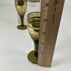 4 Green Tone Sherry Glasses w Gold Stripe Trim 5” Vintage