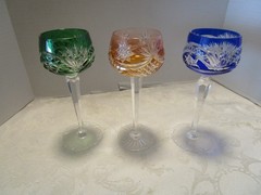 Vintage 3 Bohemian Cut-to-Clear Crystal stem Goblets Multicolor Germany 6 Oz 70s