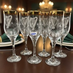Duiske Irish Etched Harp Shamrock Fluted Champagne Glasses w/ Gold Trim Set Of 6