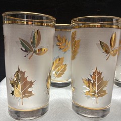 7 Gold Leaf Glasses, Libbey Golden Foliage Tumblers, 1960s MCM Barware