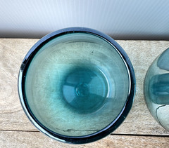 Handblown Stemless Wine Glass Pair 4″/10cm Tall Blue Teal Aquamarine