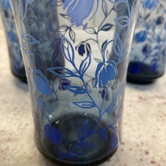 Libbey Blue Bolero Water Glasses Applied Blue Fuchsia Flowers Set of Three